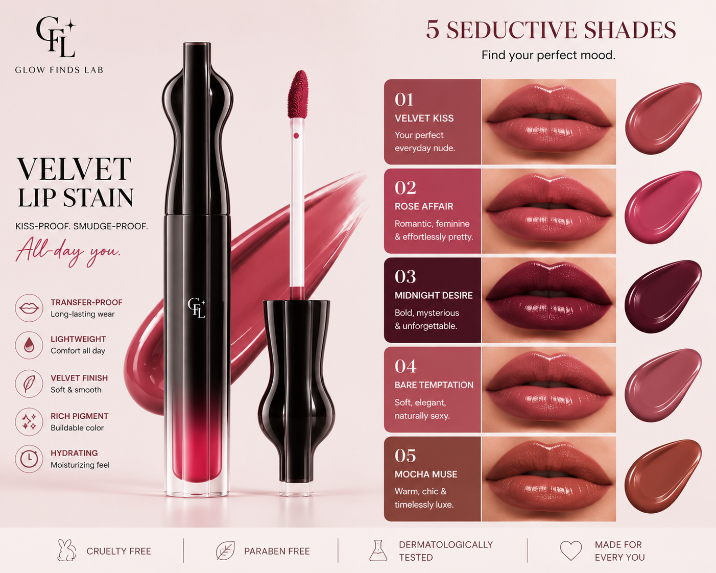 Glow Finds Lab Velvet Lip Stain Transfer-Proof • Waterproof • All-Day Wear